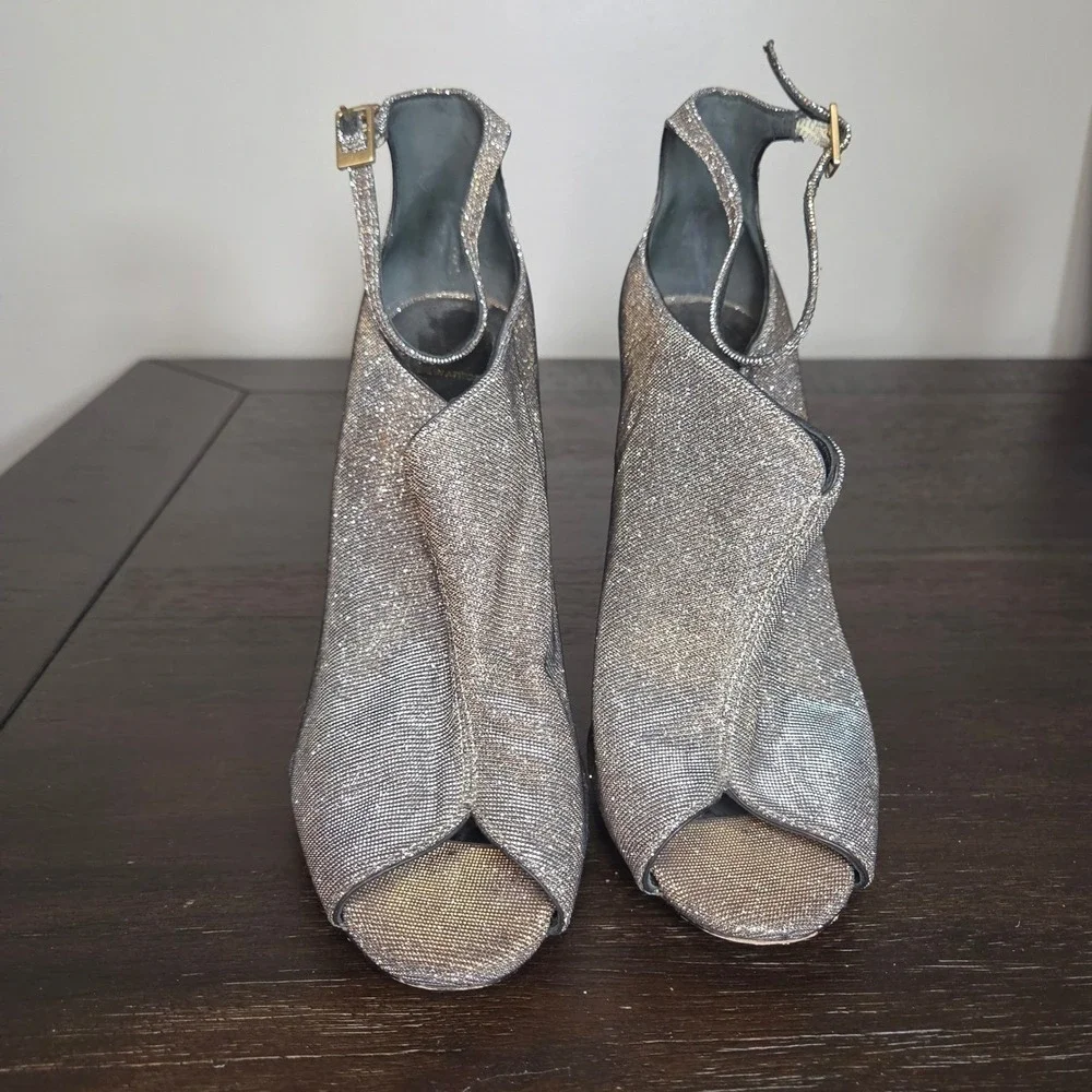 B Brian Atwood Metallic Glitter Peep Toe Ankle Strap Stiletto Heels 10 Italy